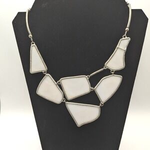 Geometric White Glass Statement Necklace Silver Tone Bib by Lapis Zagreb Croatia